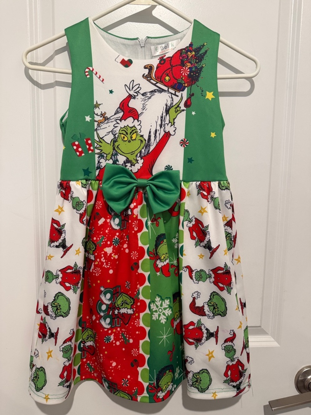 Kids' Grinch Holiday Dress with Green Bow